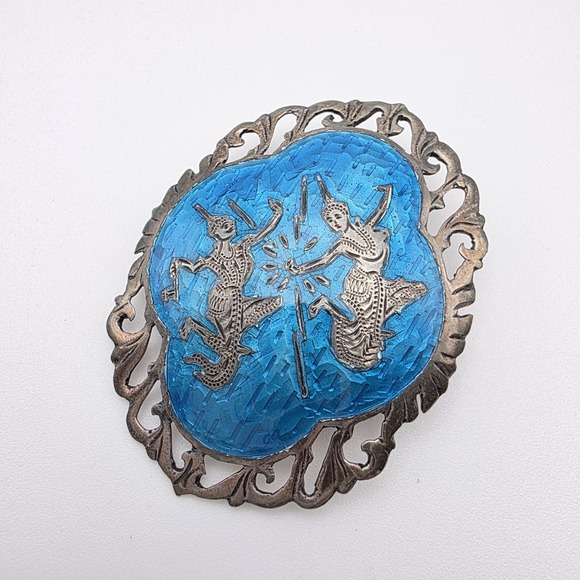 100+ Yr Antique SIAM Niello Brooch Sterling Silver Blue Enamel Mekkala Ramasoon‎